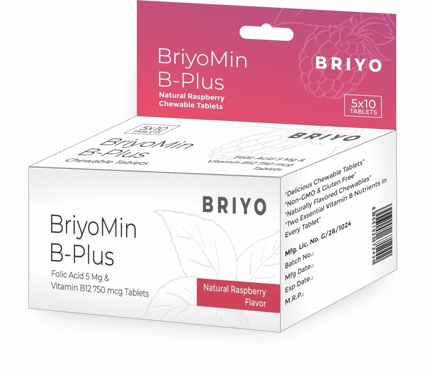 - Briyomin B Plus: Raspberry Flavored Chewable Tablets-5 Mg Folic Acid&750 Mcg Vitamin B12 Supports Red Blood Cells,Dna Synthesis,And Nervous System Health (5X10 Tablet)