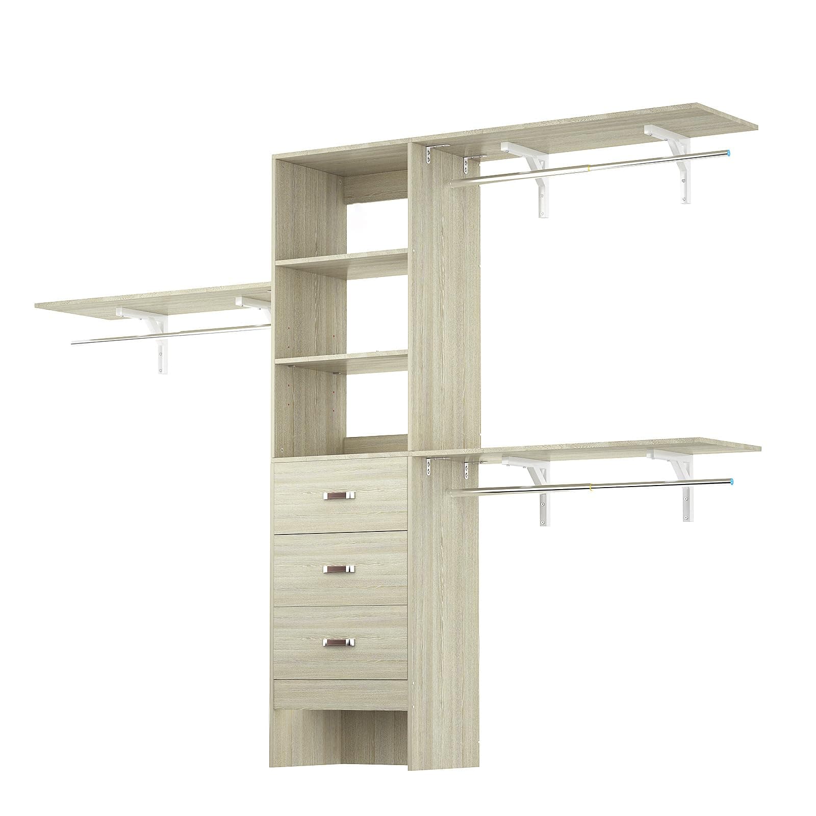 8FT Closet System, 96'' Closet Organizer System with 3 Hanging Rods, Wall Mount Bedroom Wardrobe with 3 Drawers Walk-in Closet, Adjustable Garment Rack from 5 to 8FT(Cut to Fit), White Oak