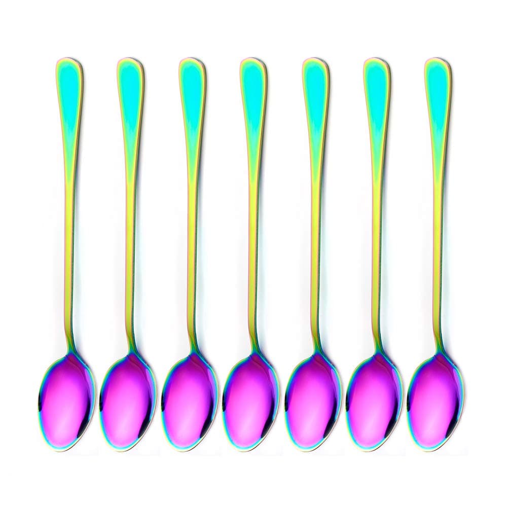 Long Handle Spoons 7 Pcs Coffee Teaspoons Rainbow Pointed Head Stainless Steel Latte Spoon Ice Cream Desert Spoon Cocktail Stir Spoon for Dessert Espresso Cappuccino Chocolate Drinks Cocktail Stirring