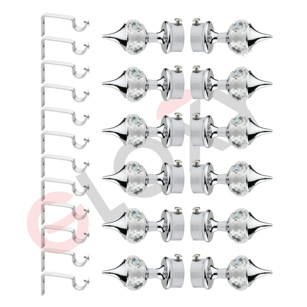 GLOXY Enterprise Aluminium Single Diamond Curtain Brackets Parda Holders with Support Fittings 1 Inch Rod Pocket Finials Designer Door and Window (Silver 6 Pair)