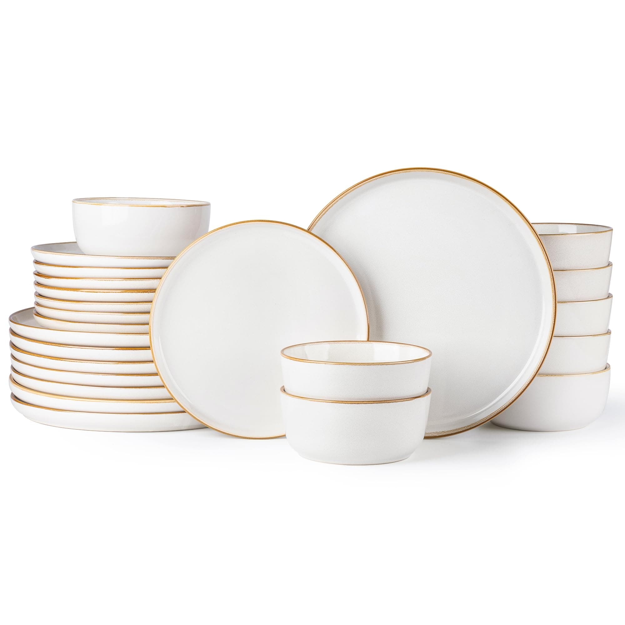 GBHOME Ceramic Dinnerware Sets for 8, 24 Pieces Stoneware Plates and Bowls Sets, Scratch Resistant Dishes, Dishwasher & Microwave Safe, Reactive Glaze-Pearl White