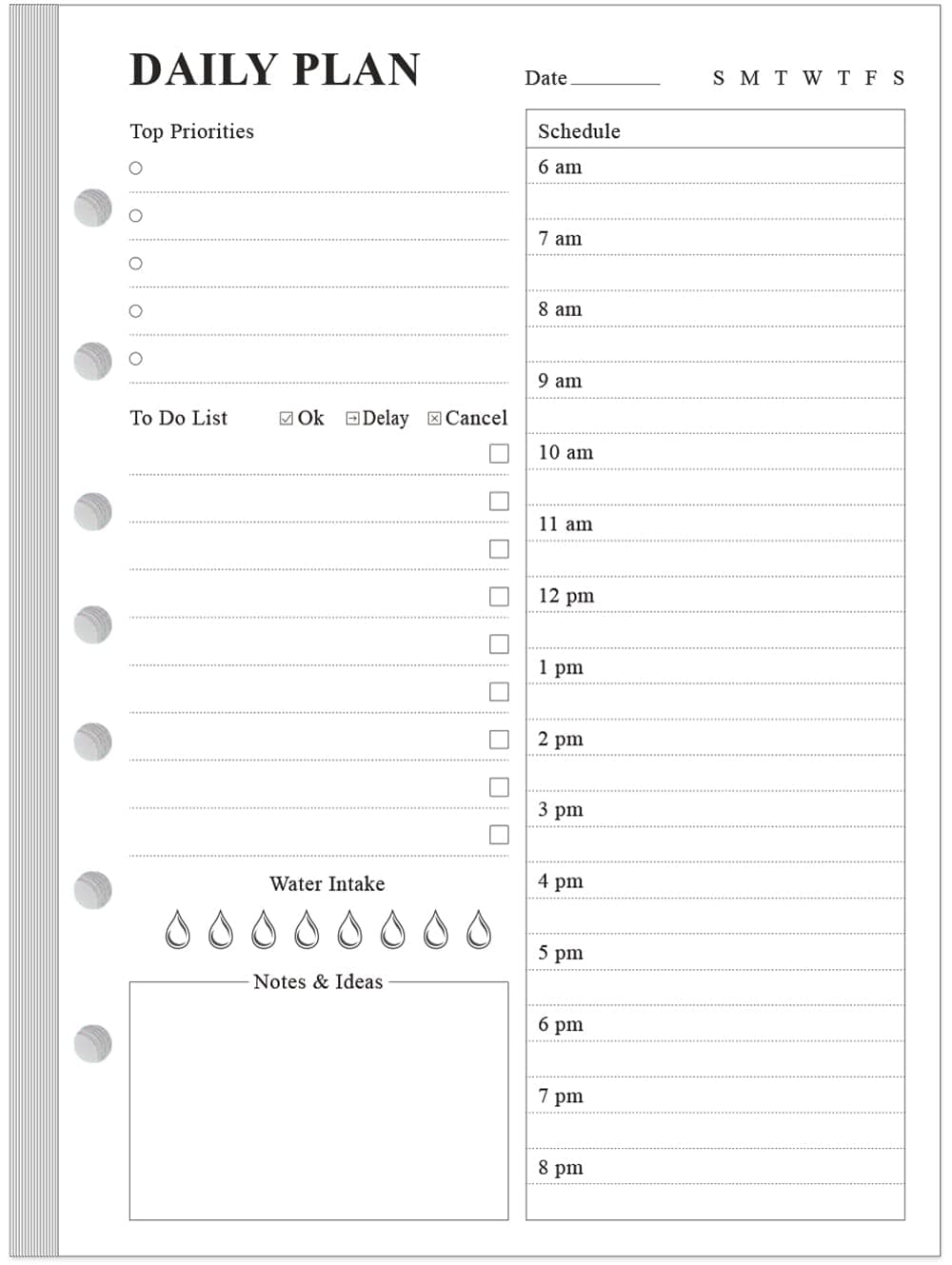 Undated Daily Planner Refill - A5 Day Planner Insert To Do List, 100 Sheets/200 Pages Planner and Lined Refill, 7-Hole Punched, 100 gsm White Paper, 5.8" x 8.3"