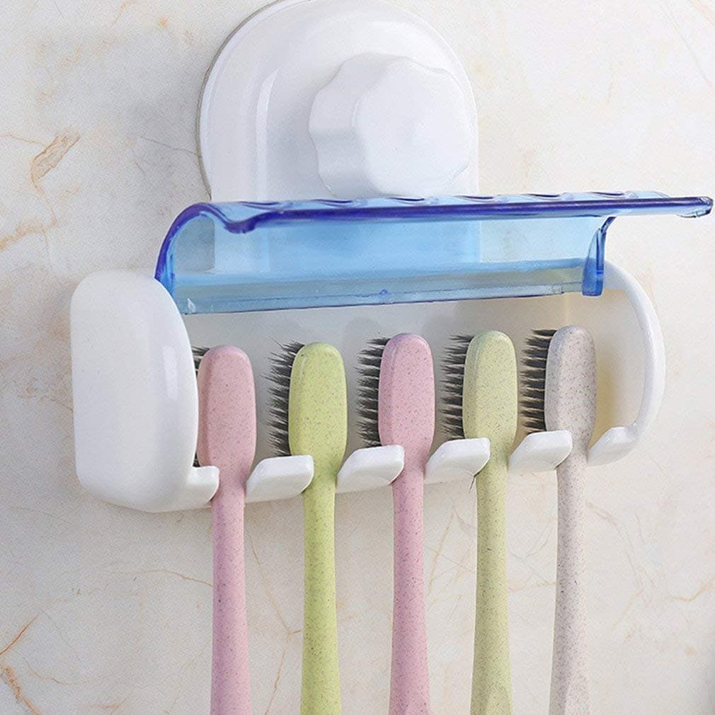 SHOPPERS STOP Toothbrush Holder With Magic Suction Cup, Easily Wall Mounted, 5 Toothbrushes Storage Holder with Cover