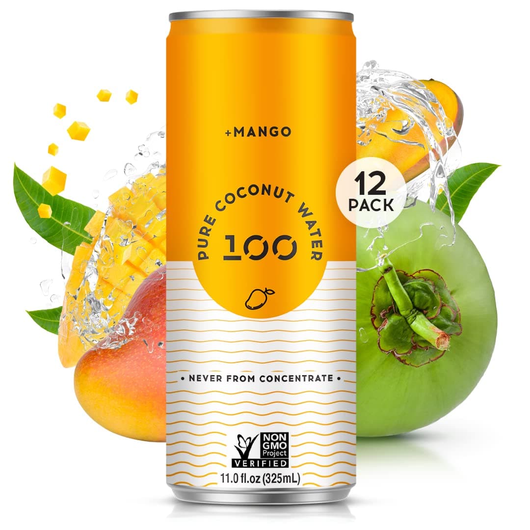 100 Coconuts Mango Pure Coconut-100% Pure Coconut Water - Low Calorie All-Natural Drink with Electrolytes - Naturally Sweet, No Condoms- Non-GMO, 11 fl oz, Pack of 12 (Pure Coconut Water)