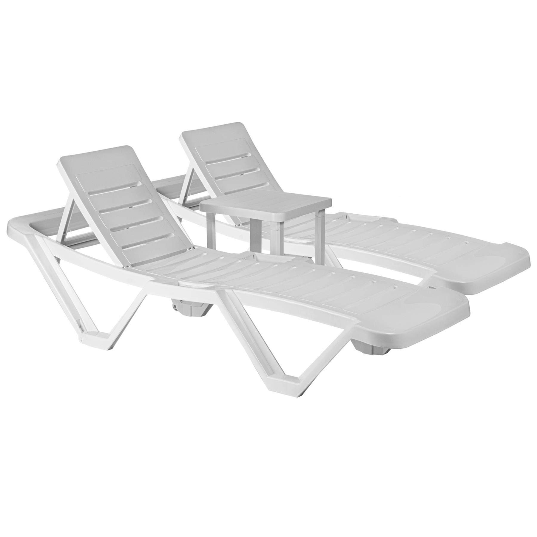 Resol Master 5-Position 2 Sun Loungers & Side Table Set - White - Heavy Duty Polypropylene Garden Sunlounger Reclining Adjustable Sun Bed and Outdoor Bistro Small Table for Garden, Beach, Pool