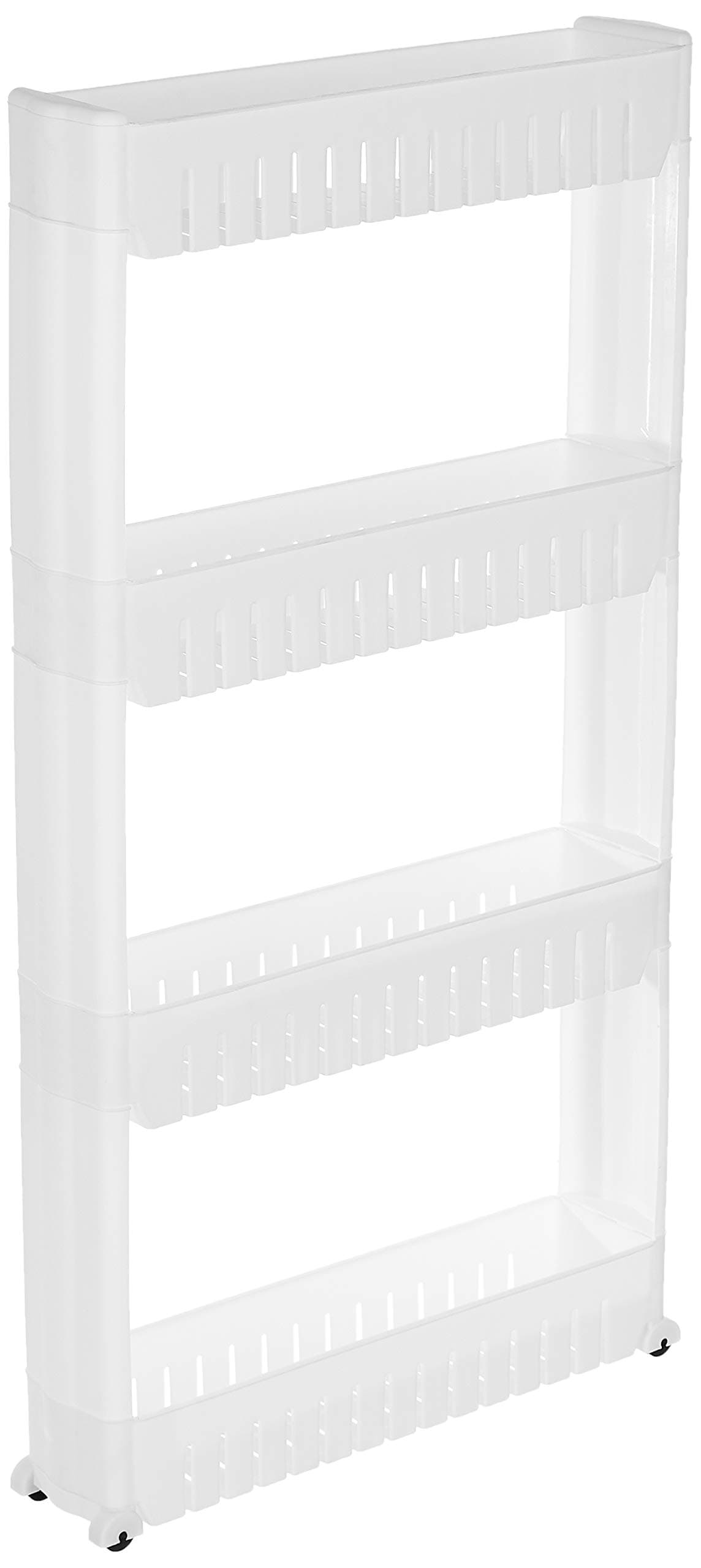 Amazon Brand - Solimo Plastic Rolling Storage Rack | 4-Tiered Shelf Slide-Out Organizer | for Kitchen, Bathroom, Pantry & Utility Storage| Space-Saving | Floor Standing Multipurpose Shelf | White