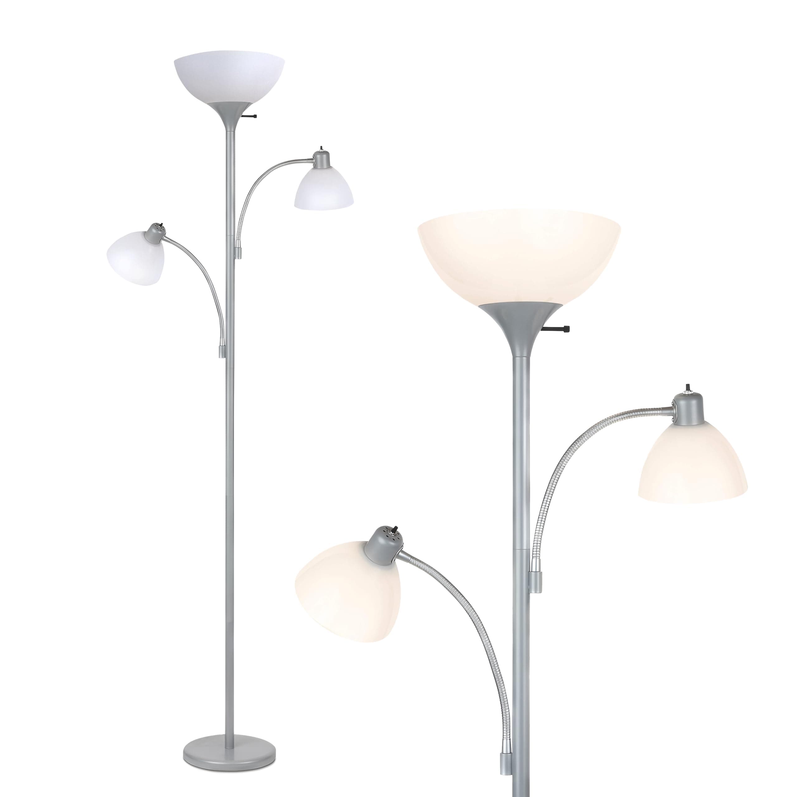 Brightech Sky Dome Double LED Floor lamp, Torchiere Super Bright Floor Lamp with 2 Reading Lamps for Living Rooms & Offices - Dimmable Tall Standing Lamp for Bedroom Reading - Tall Silver Pole