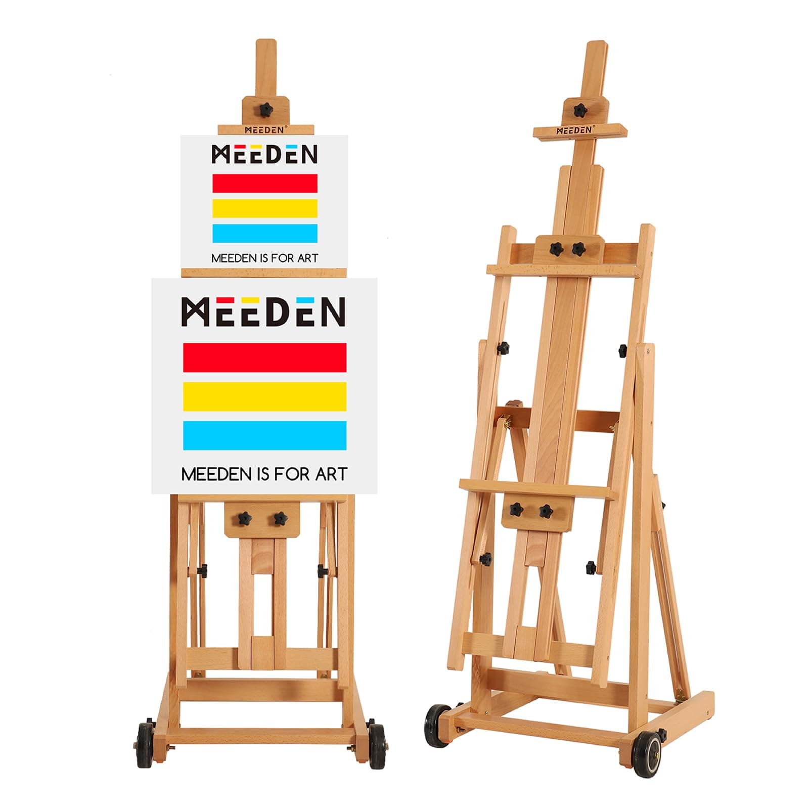 MEEDEN Versatile Studio H-Frame Easel - All Media Adjustable Beech Wood Studio Easel, Painting Floor Easel Stand, Movable and Tilting Flat Available, Holds Canvas Art up to 77"