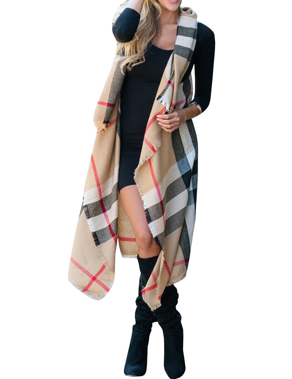Womens Plaid Long Sleeveless Cardigans Lightweight Open Front Draped Asymmetrical Vest Top