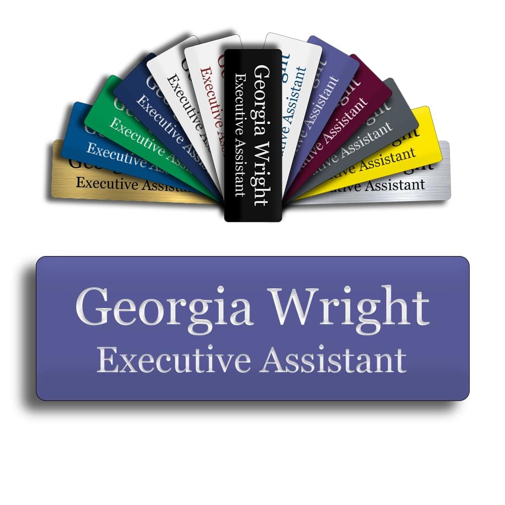 Custom Engraved Name Tag 1" x 3" Personalized Badge Magnetic or Pin Backing Made in The USA by Gem Awards (Purple)