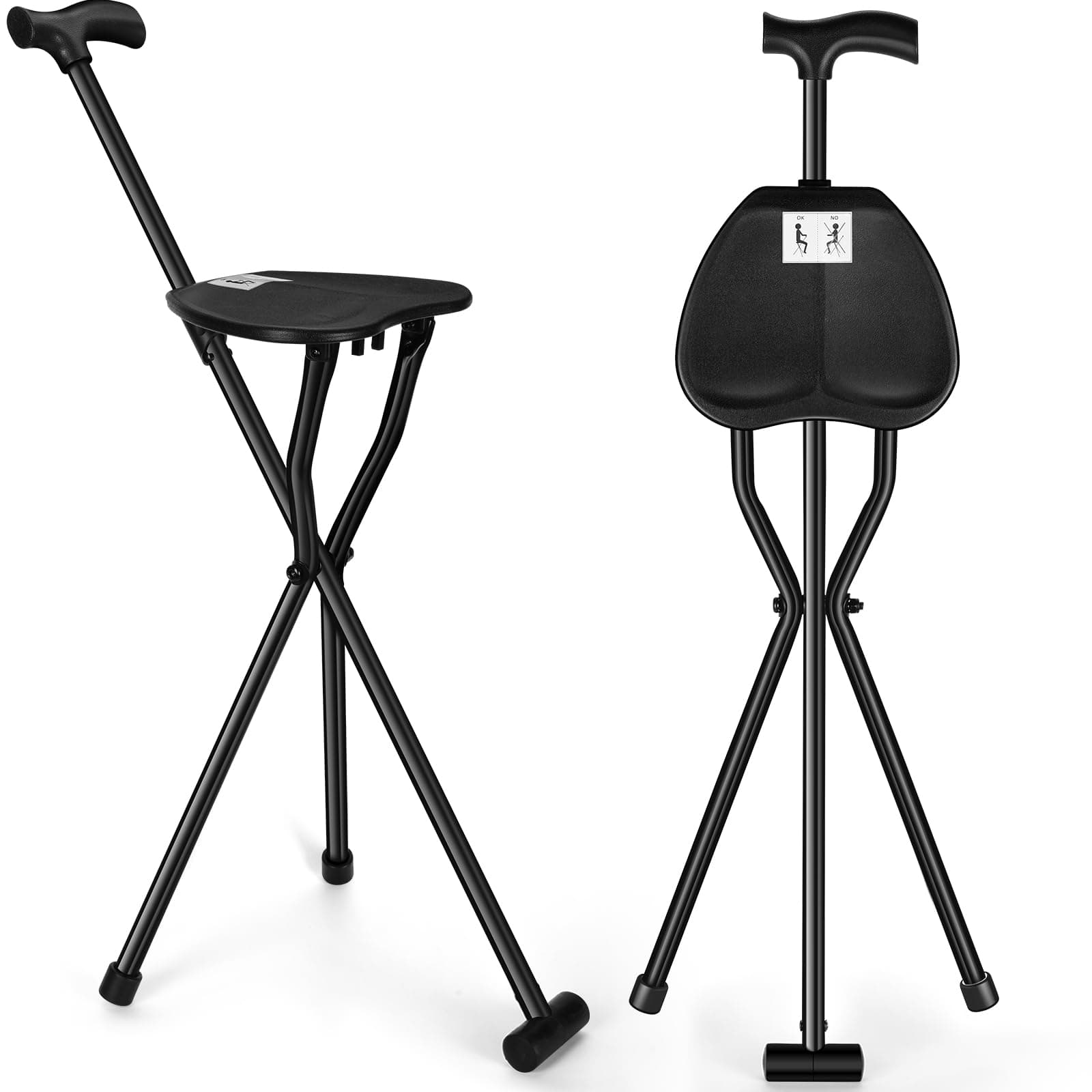 300 Lbs Folding Canes with Seat Adjustable Walking Lightweight Stick Chair Portable Tripod Cane with Comfortable Handle Anti Slip for Senior Elderly Camping Hiking, Black