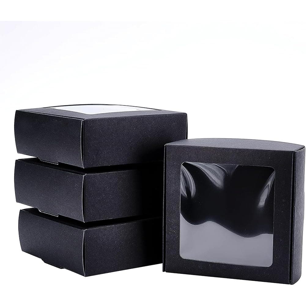 20 Pack Black Kraft Paper Boxes with Clear Window 9.5x9.5x3.5cm Gift Packaging Boxes for Bakery Cookies Cake Candy Wedding Party Favors