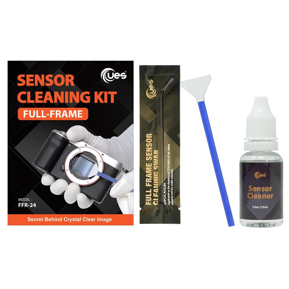 UES FFR24 DSLR and Mirrorless Full Frame Camera Sensor Cleaning Kit, Professional Cleaning Solution for both CMOS and CCD Sensors: 14pcs 24mm Full-Frame Sensor Cleaning Swabs + 15ml Sensor Cleaner