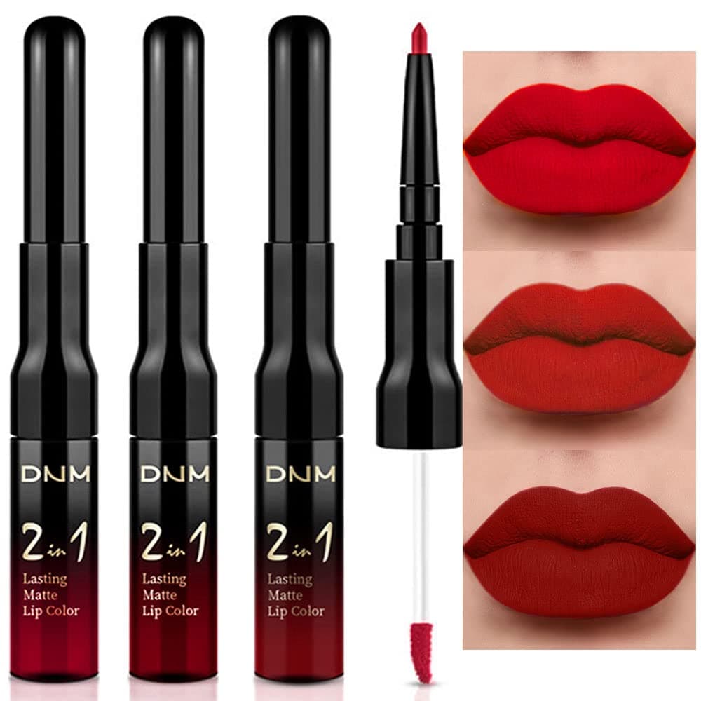 DNM 3Pcs Dark Ruby Red Matte Lip Liner and Liquid Lipstick Set
