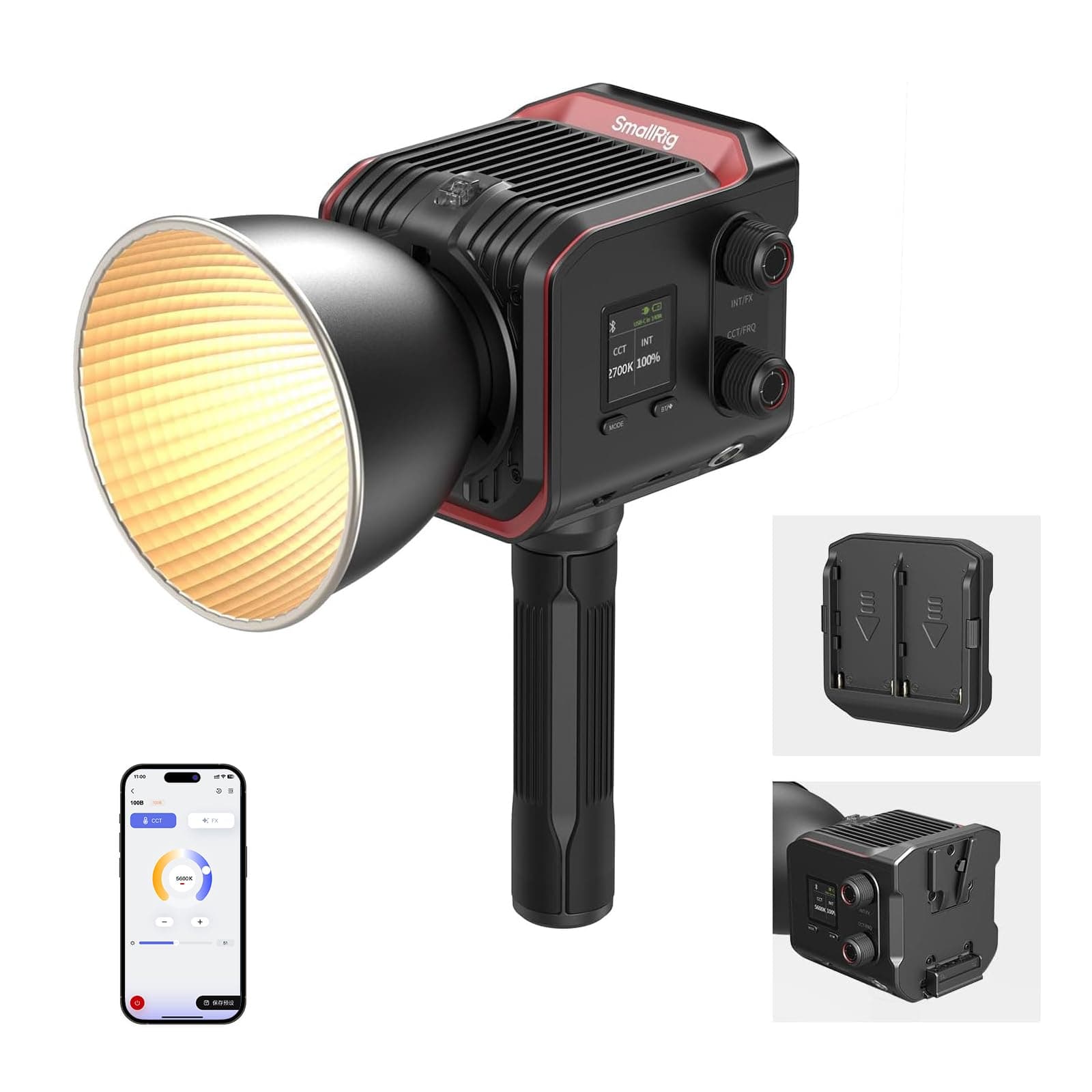 RC 100B COB Video Light with Handle, 100W Bi-Color 2700K-6500K, Type-C Fast Charging, Built-in Battery Plate, App Control for Photography, Photo Studio, Mobile Version (Without Battery) 4894
