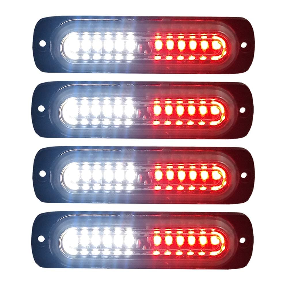 4pcs Ultra Slim 12-LED Surface Mount Grille Flashing Strobe Lights for Truck Car Vehicle Mini LED Light-Head Emergency Beacon Hazard Warning lights 12-24V (Red/White)