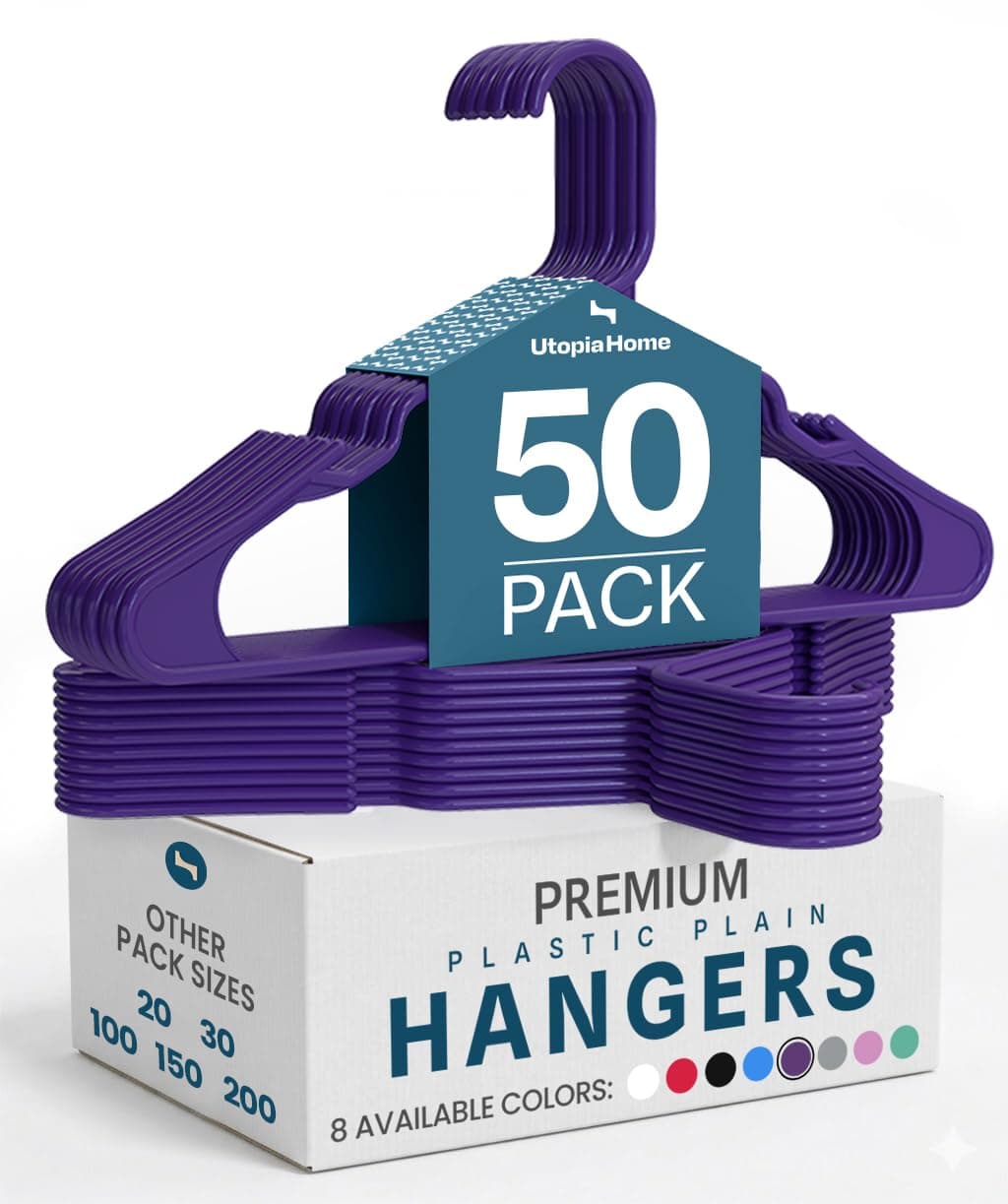 Utopia Home Plastic Hangers 50 Pack - Perfect Space Saving Clothes Hanger - Durable and Strong - Perfect Closet Organizers with Shoulder Grooves (Purple)