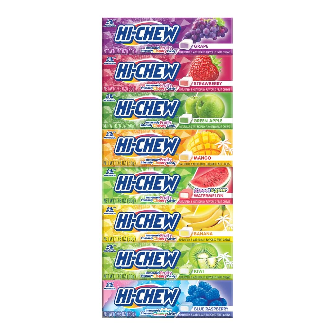 HI-CHEW Variety Sticks, 8-Pack, Soft & Chewy Easter Candy, 1.76oz Each - Made with Immensely Juicy Fruity Flavors - Grape, Strawberry, Green Apple, Mango, Watermelon, Banana, Kiwi & Blue Raspberry
