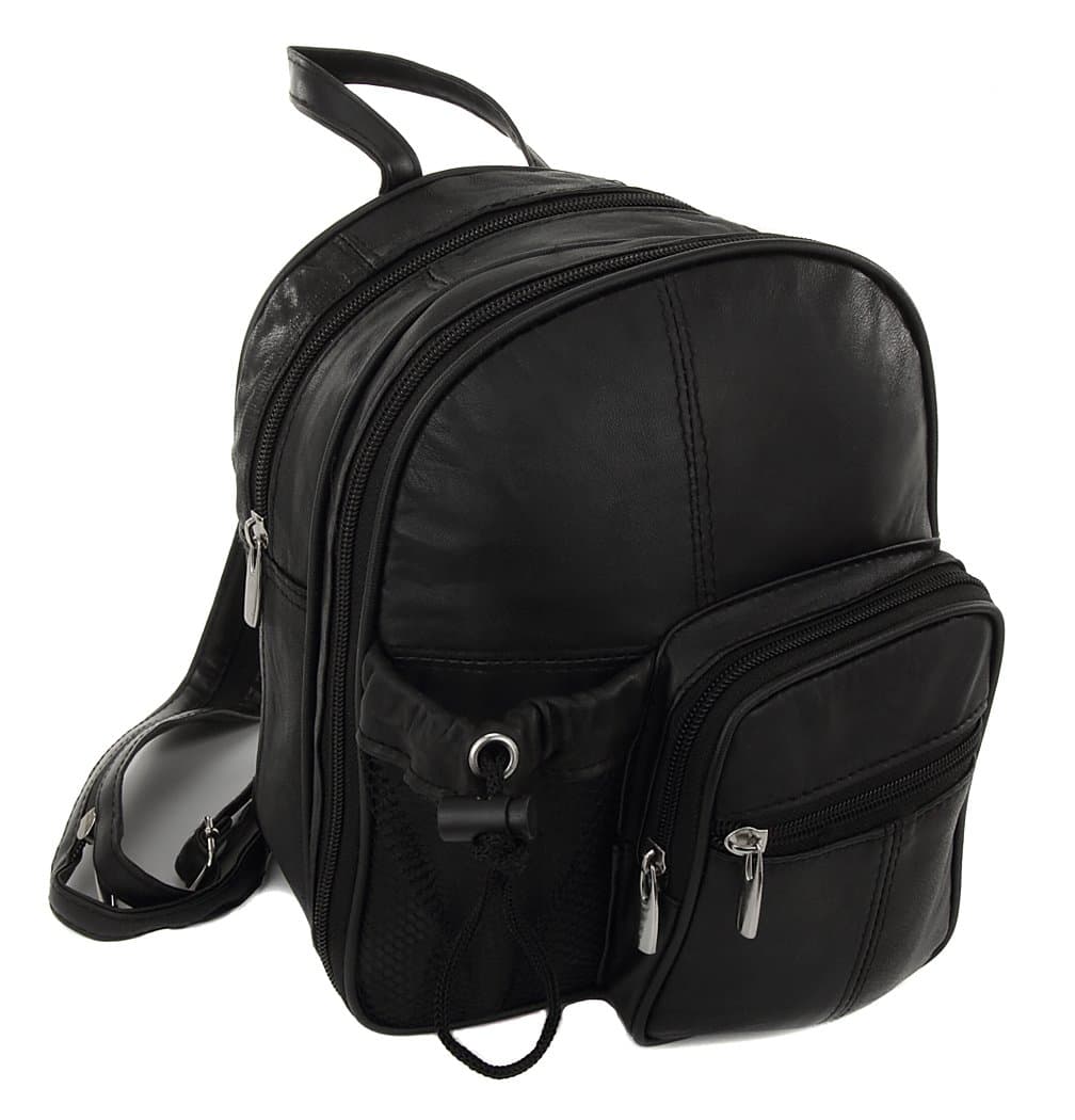 Small Black Leather Sling Shoulder Backpack Bag w Bottle Holder + Smart Phone Pocket