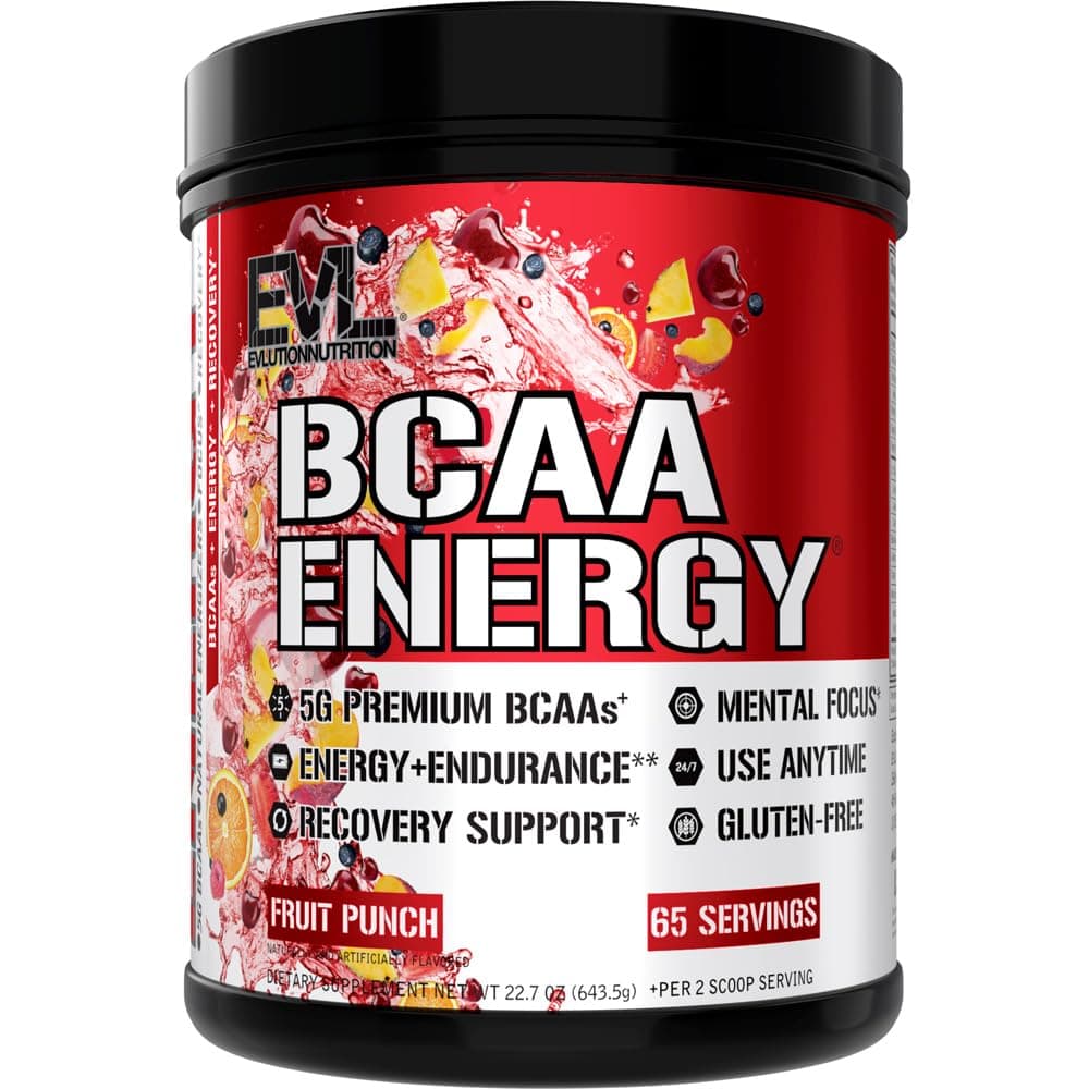 EVL BCAAs Amino Acids Powder - BCAA Energy Pre Workout Powder for Muscle Recovery Lean Growth and Endurance - Rehydrating Post Workout Recovery Drink with Natural Caffeine - Fruit Punch