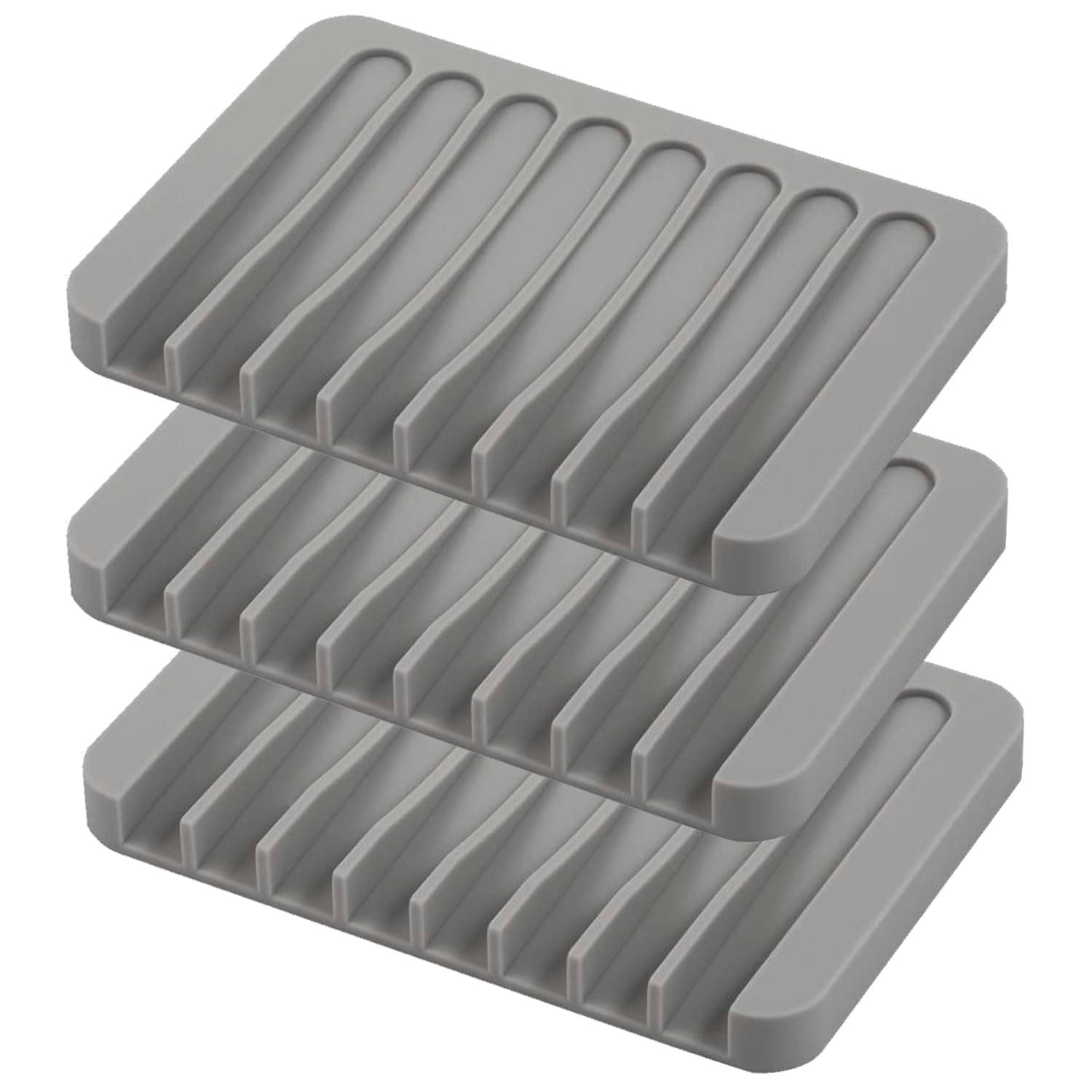 Self Draining Soap Dishes, 3 Pcs Silicone Soap Saver, Waterfall Drainer Soap Holder for Bathroom, Extend Soap Life, Keep Soap Bars Dry Clean & Easy Cleaning (Gray)