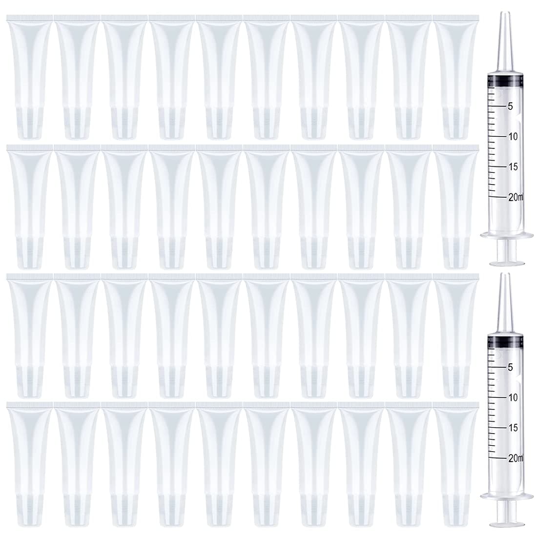 BAQI 50Pcs 10ml Clear Lip Gloss Empty Tubes Containers with 2Pcs 20ml Plastic Syringe Dispensing, Refillable Empty Lipgloss Tube Cosmetic Containers Soft Tube for Women & Girls DIY Lip Balm Cosmetics