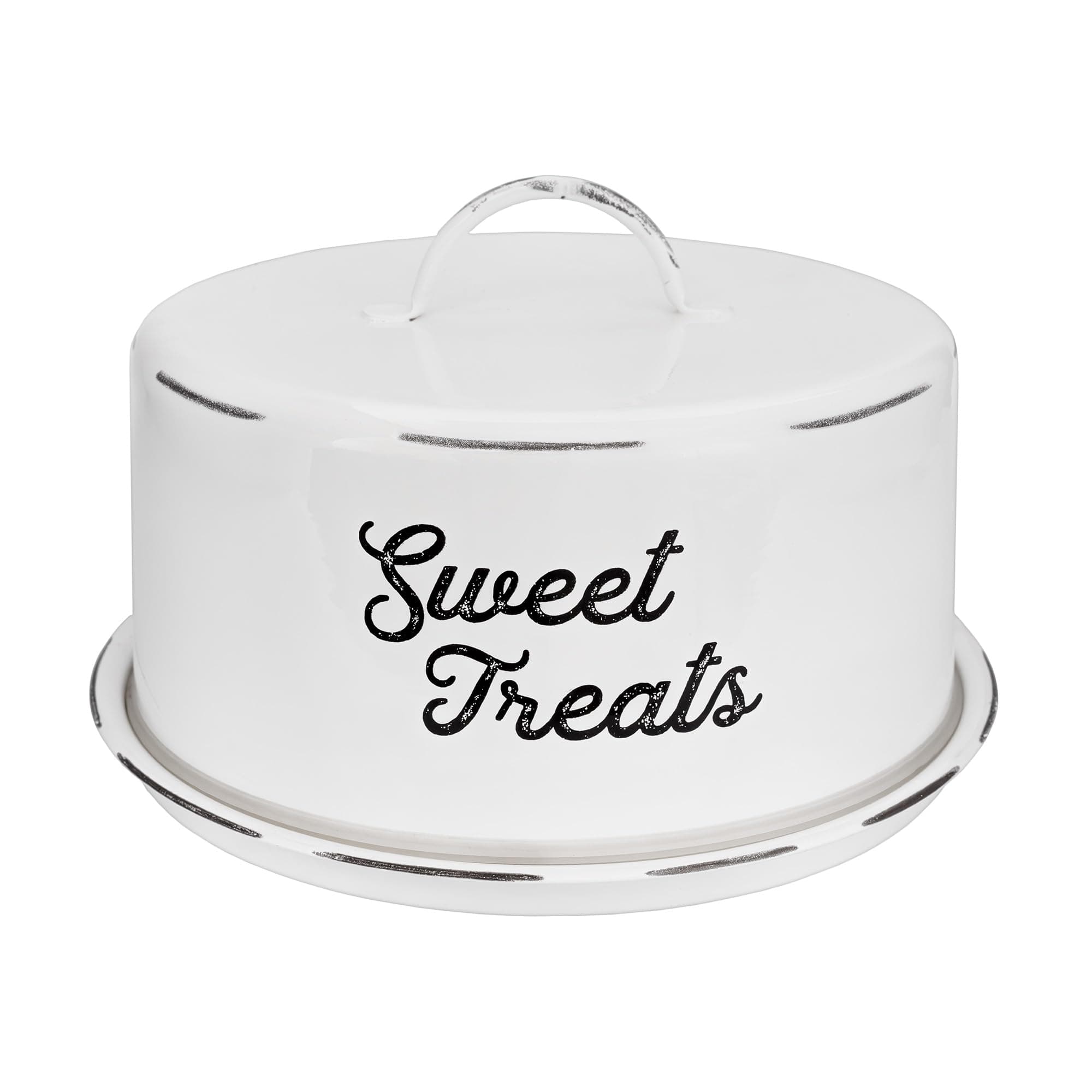 AuldHome Design Enamelware White Cake Cover, Rustic Decorative Cake Plate with Domed Lid