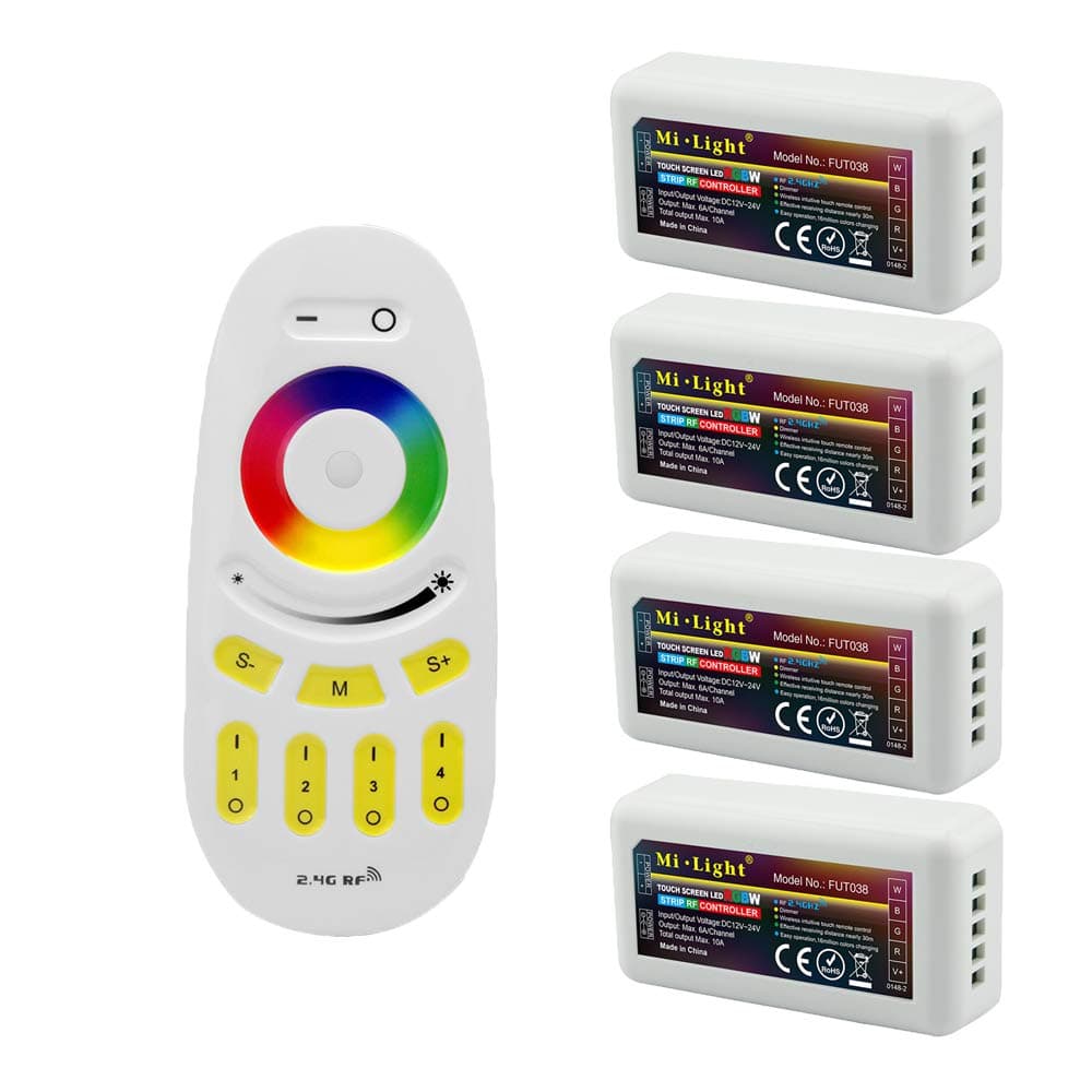 Mi Light Wireless 2.4G RF RGB + White/Warm White Controller Kit, 4 x Controllers and 4-Zone Remote, Wi-Fi Bridge Compatible, 4CH Multicolor RGBW/RGBWW LED Strip Light Controller
