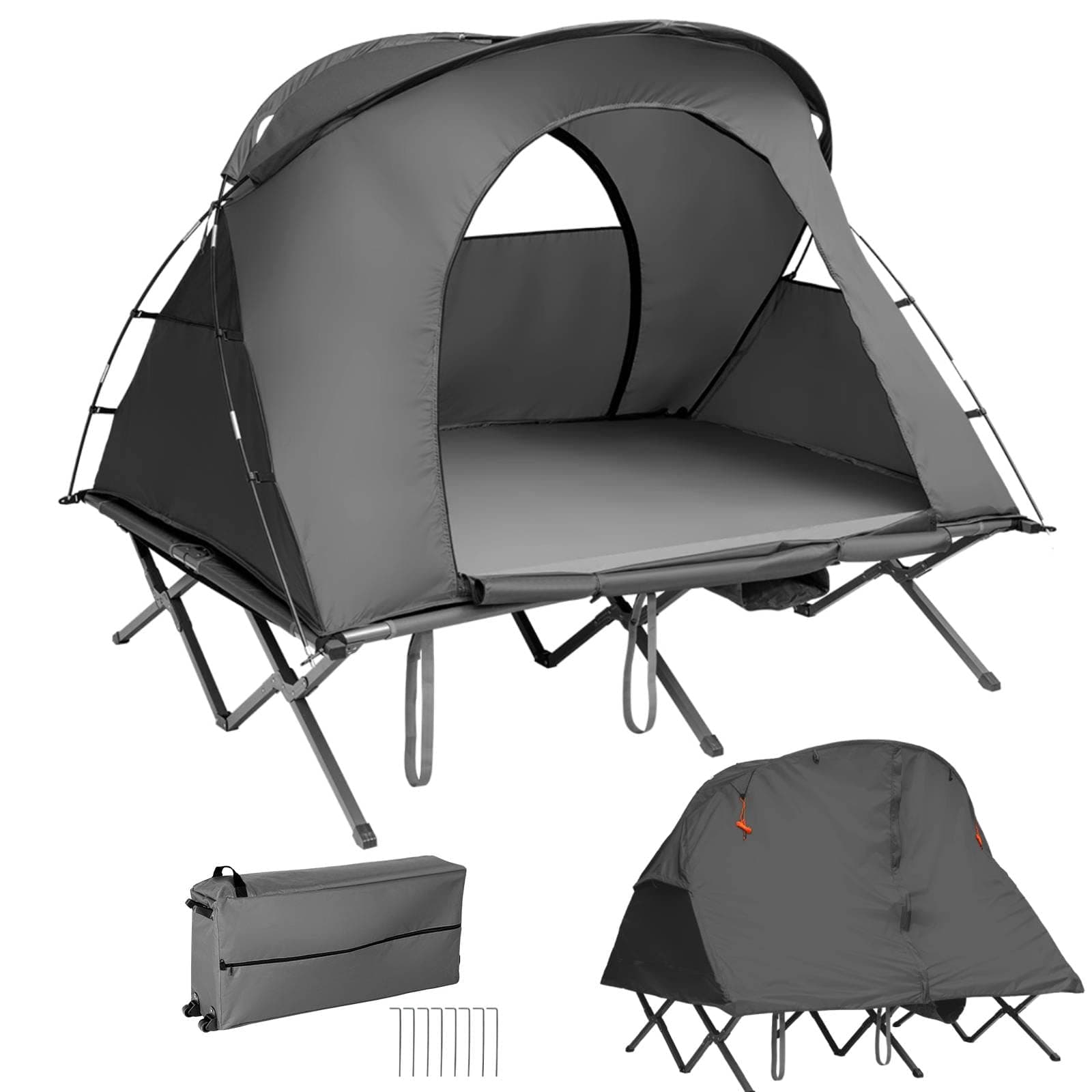 COSTWAY 2 Person Foldable Camping Tent, Elevated Tent Cot with Camping Bed, Automatic Inflatable Mattress, Rain Cover, Shoe Pocket and Carry Bag, Portable Waterproof outdoor Dome Tent