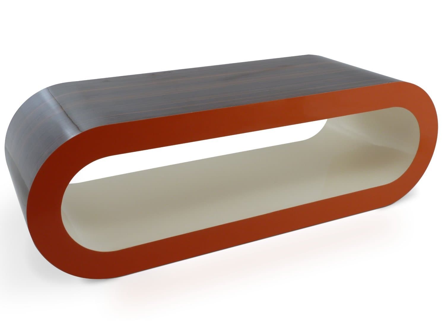 Zespoke Large Retro High Gloss Stripey Walnut with High Gloss Orange Sides and High Gloss Cream Inner 110cm Hoop Coffee Table/TV Stand
