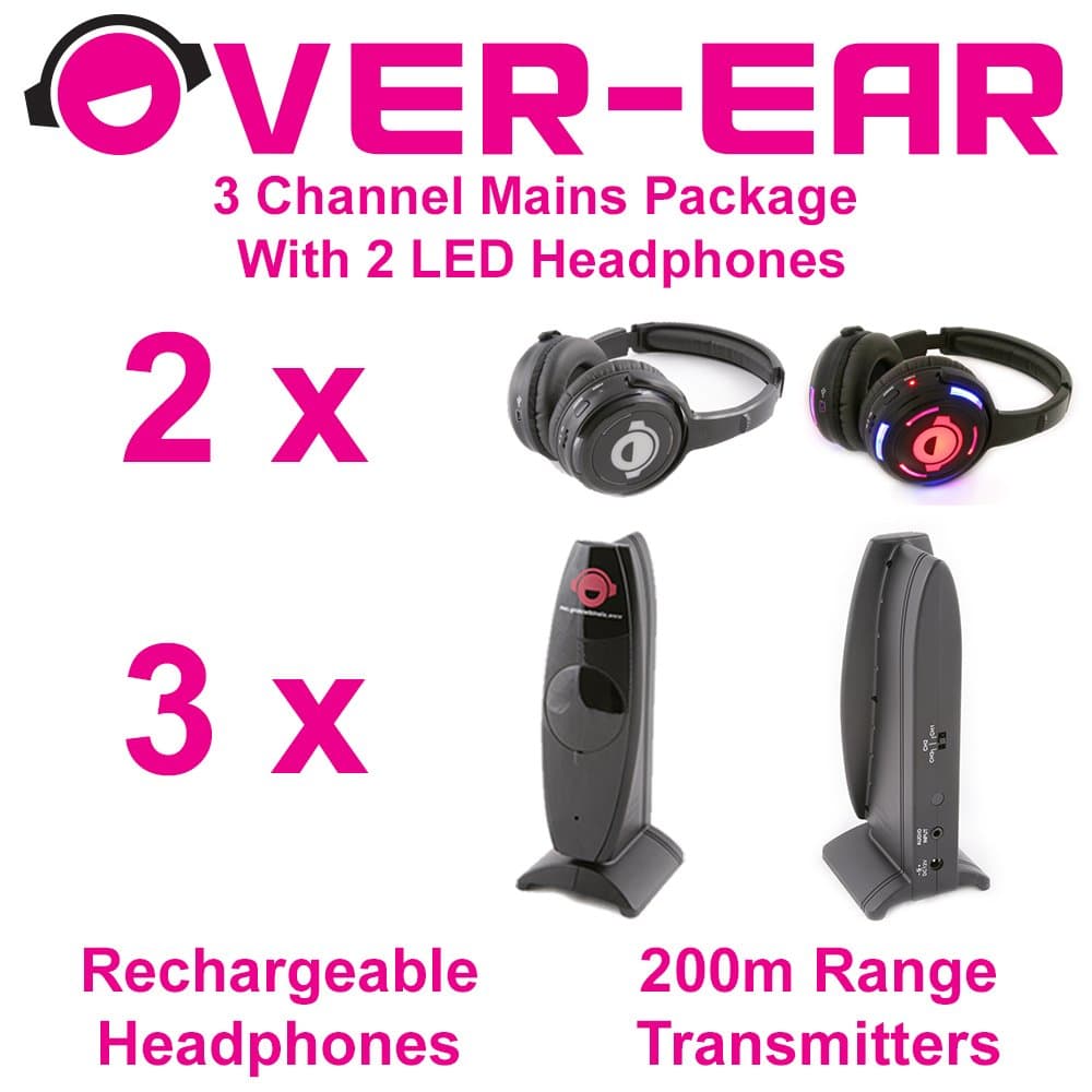 Silent Disco Package - 3 Channels with 2 LED Headphones
