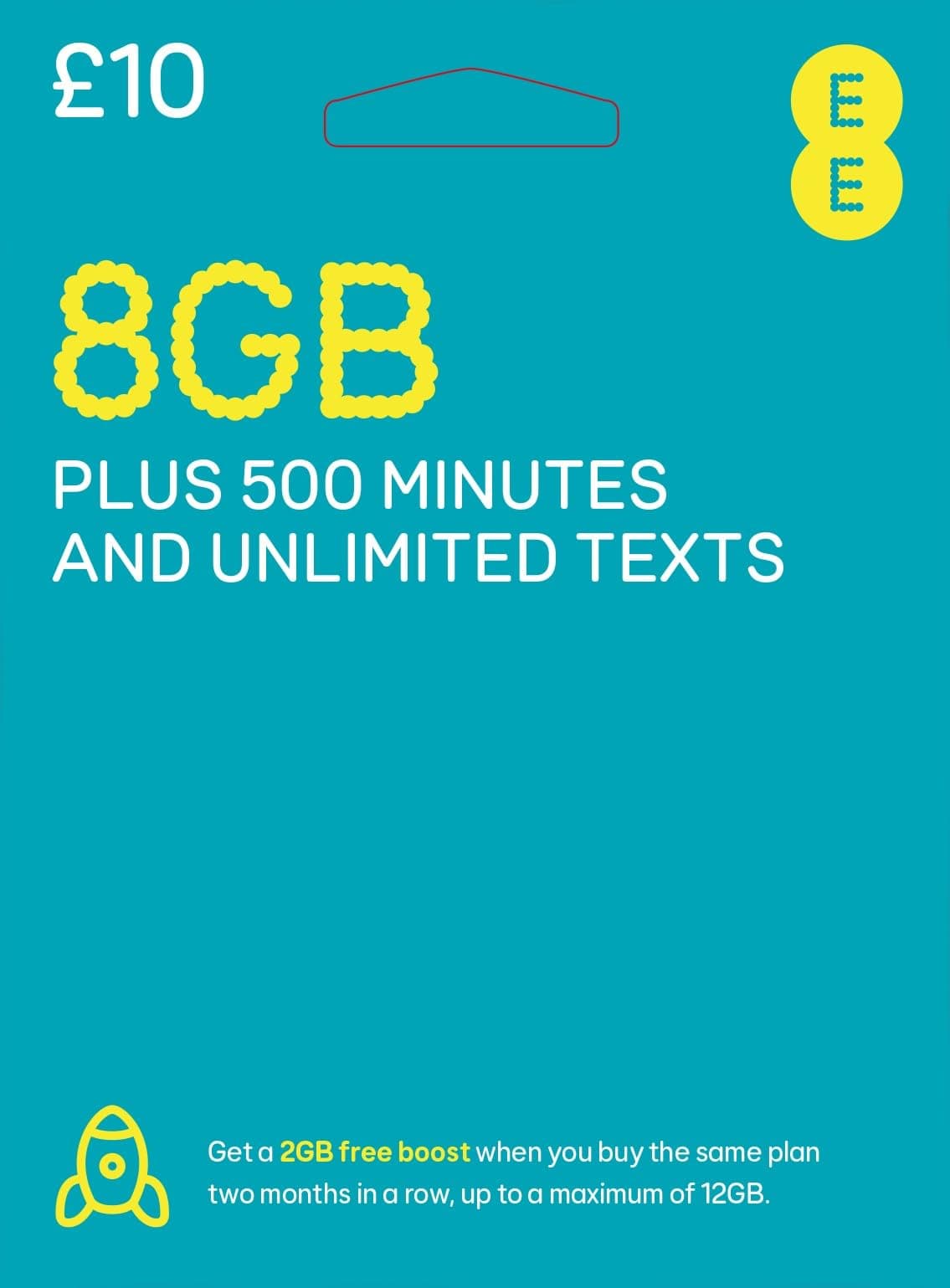 EE PAYG £10 Data Sim Includes £10 pre-paid credit, 8GB Data, 500 Minutes and Unlimited Texts (EE £10-8GB)