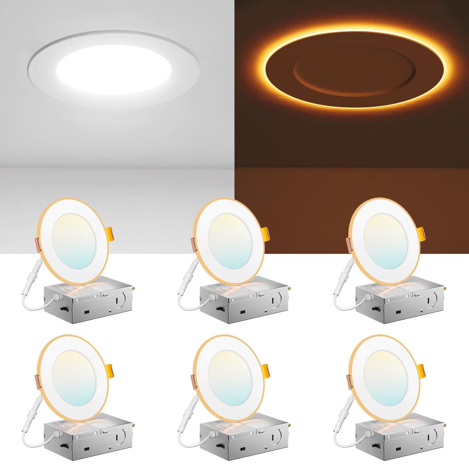 6 Pack 4 Inch 5CCT LED Recessed Ceiling Light with Night Light, 2700K/3000K/3500K/4000K/5000K Selectable Ultra-Thin Recessed Lighting, 10W=90W, 700LM, Dimmable Canless Wafer Downlight - ETL&FCC