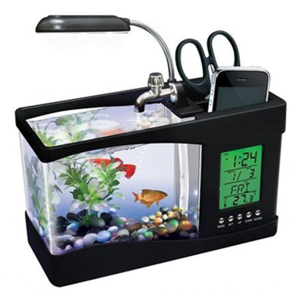Mini USB LCD Desktop Lamp Light Fish Tank Aquarium LED Clock USB Desktop Aquarium Small Fish Tank(Black)