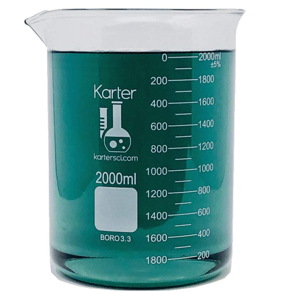 Karter Scientific 2000ml Beaker, Low Form Griffin, Borosilicate 3.3 Glass, Double Scale, Graduated, 213D20 (Single)