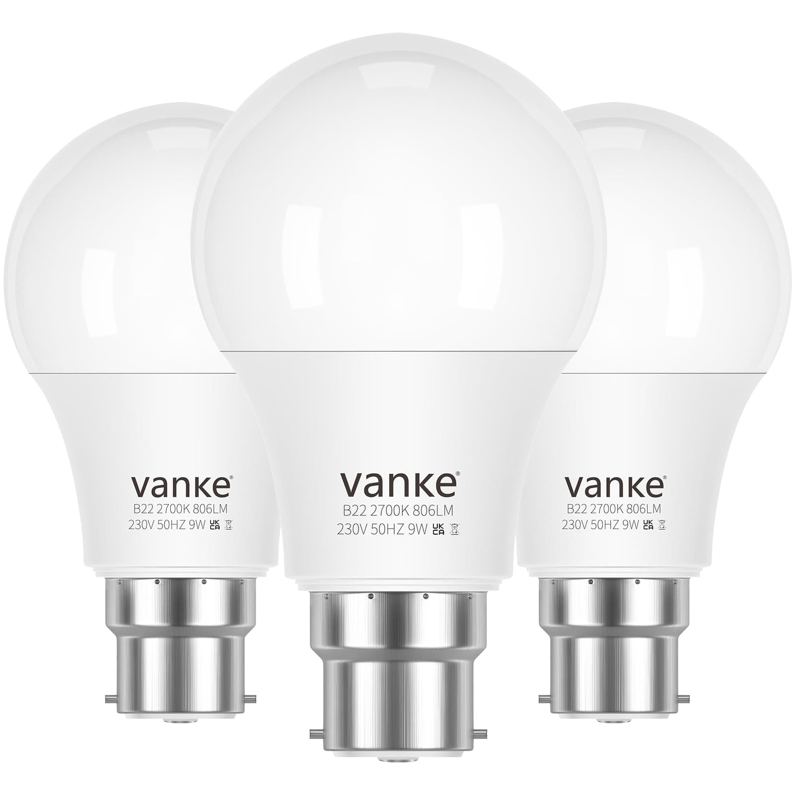 Vanke Bayonet Light Bulb 60w Equivalent, B22 LED Bulbs Warm White 2700K, Non-Dimmable 9w Energy Saver Lightbulb, 806 Lumen, 3-Pack
