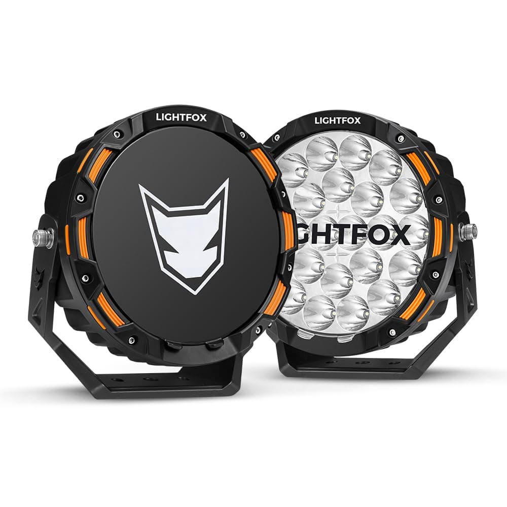 LIGHTFOX 2 PCs 9 Inch LED Spot Light Round, 18,672LM (Pair) Spot Beam, Driving Light Angle Adjustable with Wiring Harness, Plug & Play, IP68 Waterproof, for Offroad Jeep Wrangler Truck Pickup SUV