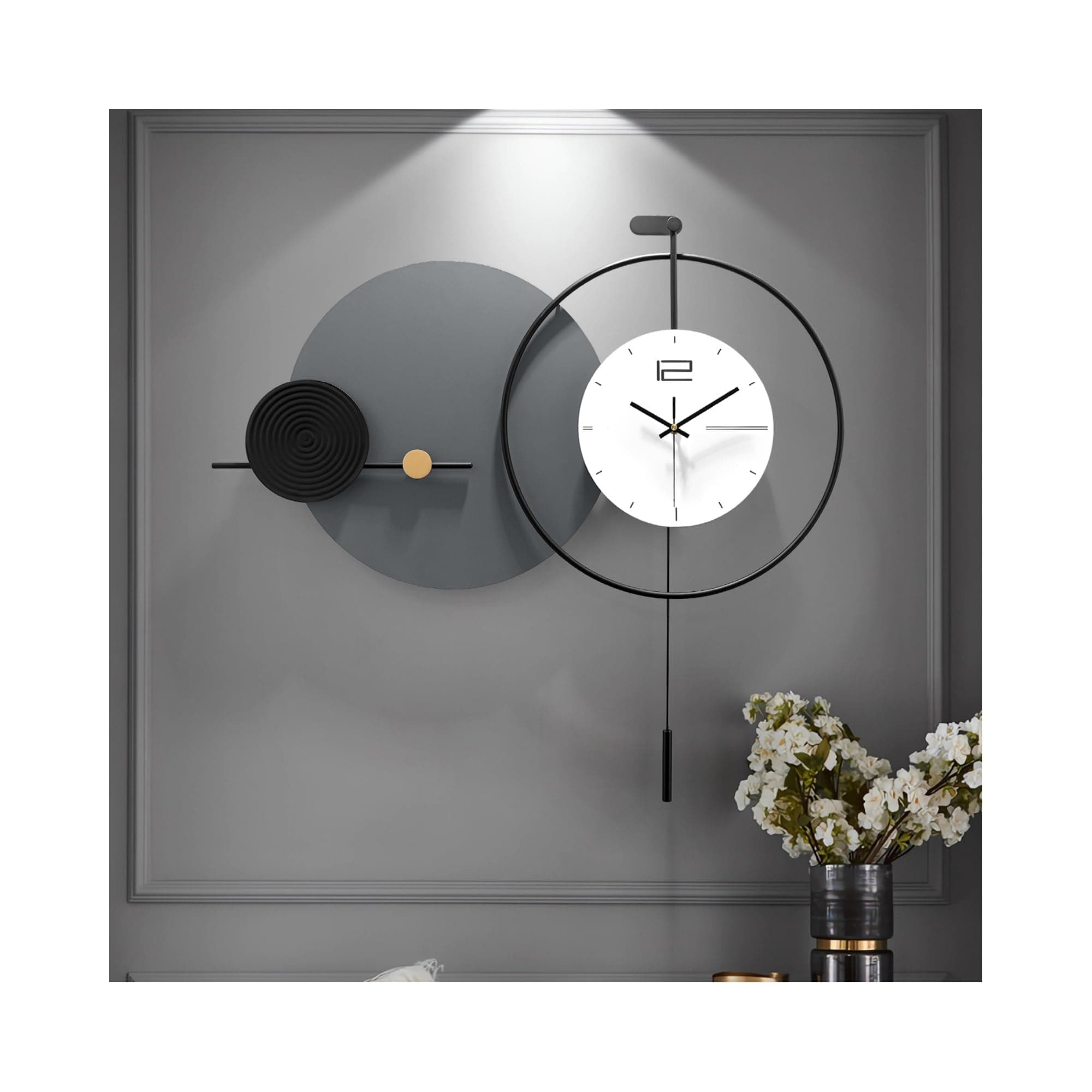 Large Modern Wall Clock for Living Room,Decorative Silent Battery Operated Wall Clock with Pendulum Metal Wall Art for Kitchen/Bedroom/Entryway/Office Decor