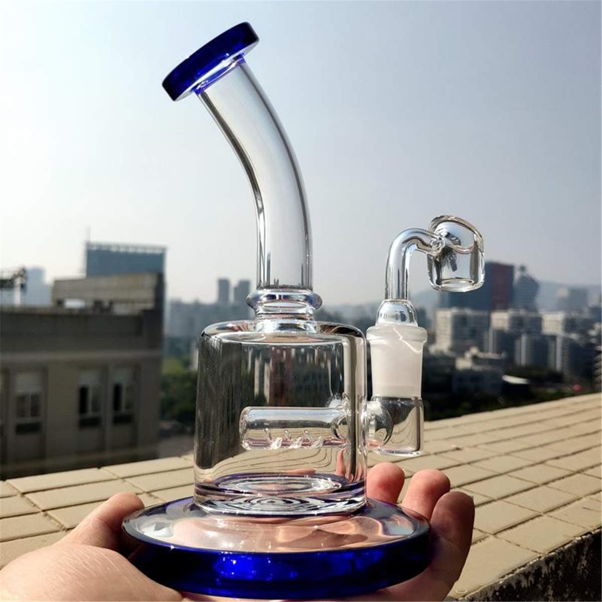 Newest 6 Inch Mini Oil Dab Rigs Inline Perc Thick Glass Bong 14mm Female Joint Water Pipe with 4mm Quartz Banger (Blue)