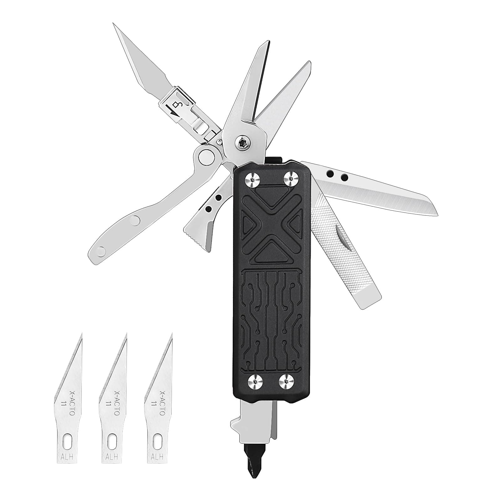 Pocket Tool E1, Pocket Knife Multi-Tool with Replaceable Folding Utility Knife, Dual Head Screwdriver and Scissors, Mini Multitool for EDC Carry, Engraving, Cutting and Repair, Small Multitool