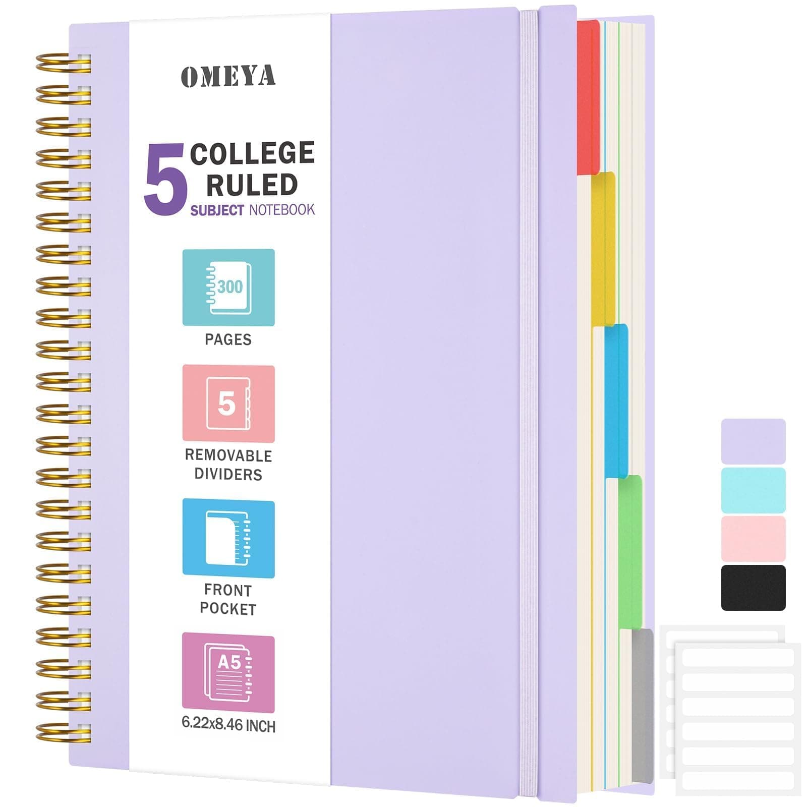 – 5 Subject Notebooks College Ruled, Spiral Lined Notebook with Removable Dividers, 300 Pages 100GSM Thick Spiral Writing Journal for Women & Men, Large A5 Notebooks for Work, School Supplies, 6" x 8"