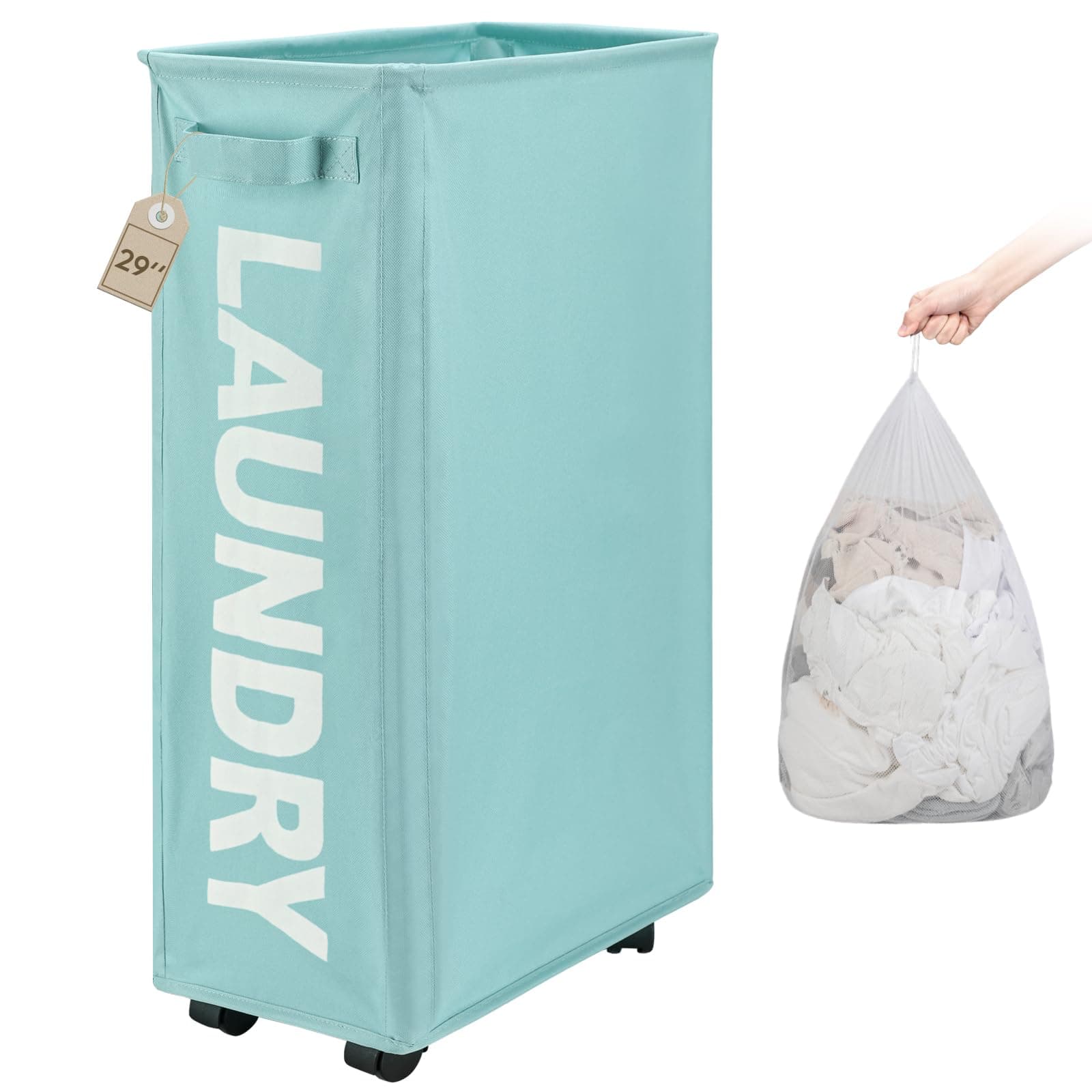 TOTANKI 29" Large Slim Rolling Laundry Basket on Wheels with Removable Bag, Foldable Laundry Hamper with Handle, Collapsible Laundry Sorter and Organizer, Tall Storage Basket Bin (Light Blue)