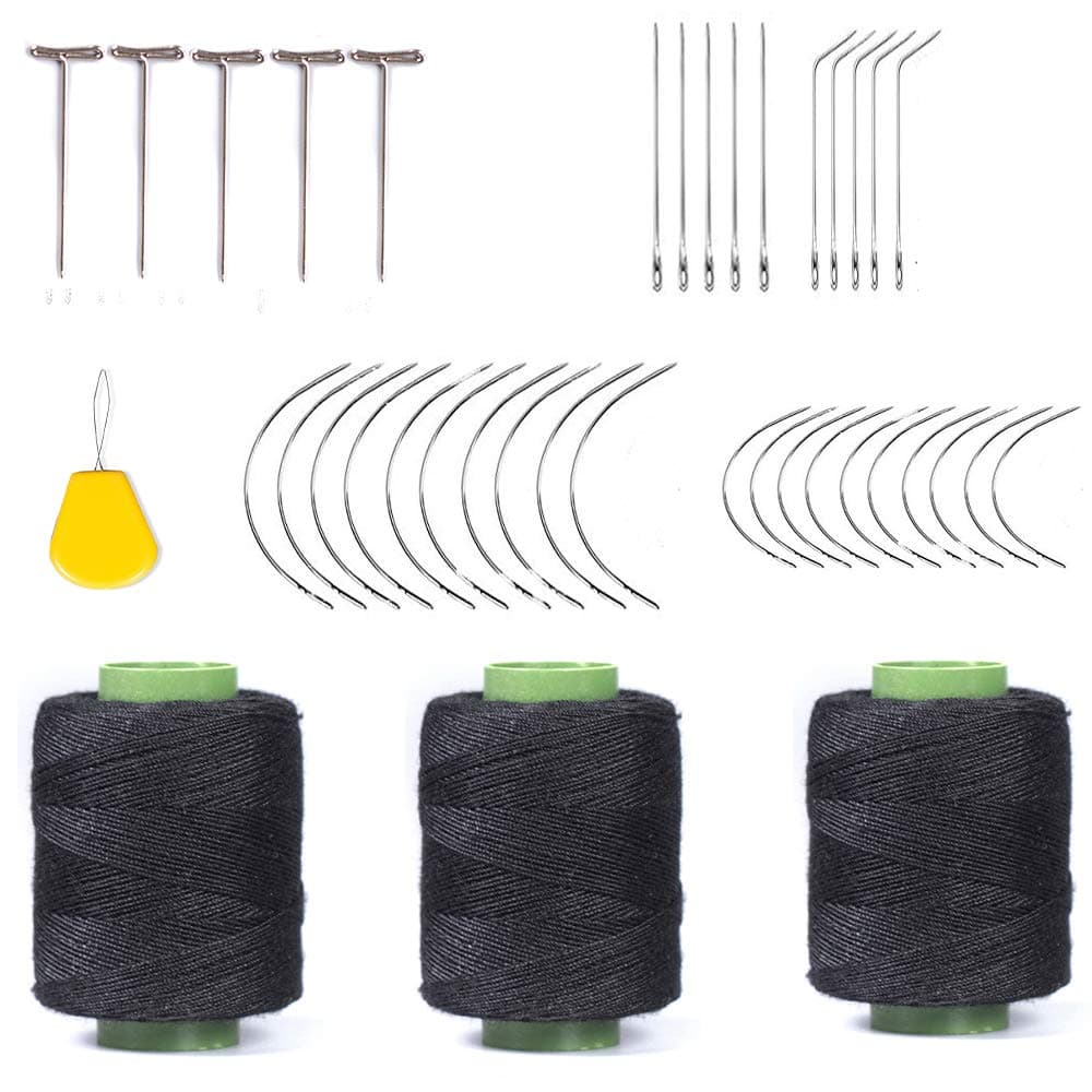 Weaving Needle Combo Deal 3Pcs Black Thread with 20pcs C Needle,5Pcs J Shap, 5Pcs I Shap and 10 Wig T Pins for Making Wig Sewing Hair Weft Hair Weave Extension (44)