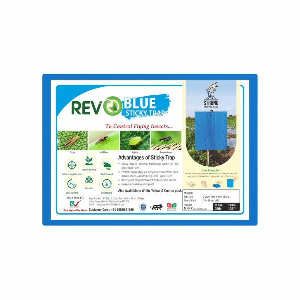 A5 Blue Sticky Trap for Thrips, Aphids, Leaf Miner, Fungus Gnat, Jassids, & All Harmful Flying Insects (Pack of 25 Pieces).