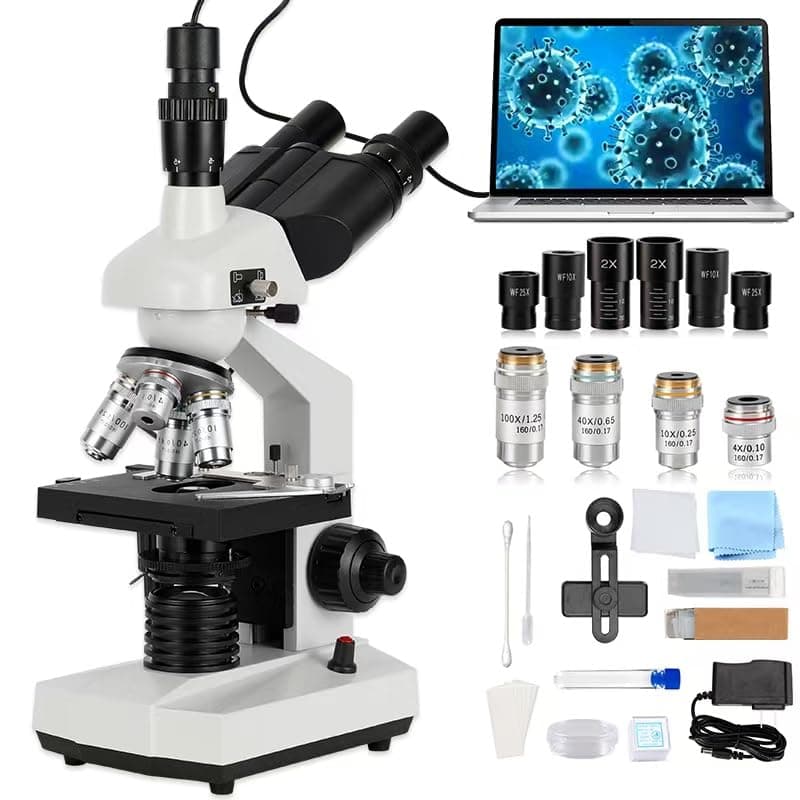 Compound trinocular Microscope, 40X-5000X Magnification, Digital Laboratory trinocular Compound LED Microscope with USB Camera and Mechanical Stage, WF10x and WF20x eyepieces, Abbe Condenser…