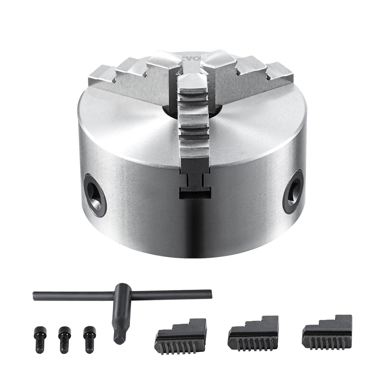 VEVOR 3-Jaw Lathe Chuck, 4'', Self-Centering, 0.08-4 in/2-100 mm Clamping Range, T-Key Fixing Screws, Reversible Jaws, for Lathe, Milling, Drilling Machine