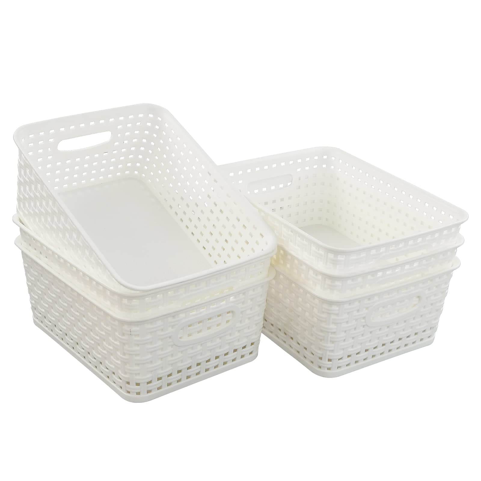 Neadas White Plastic Woven Rattan Storage Baskets, 6 Pack