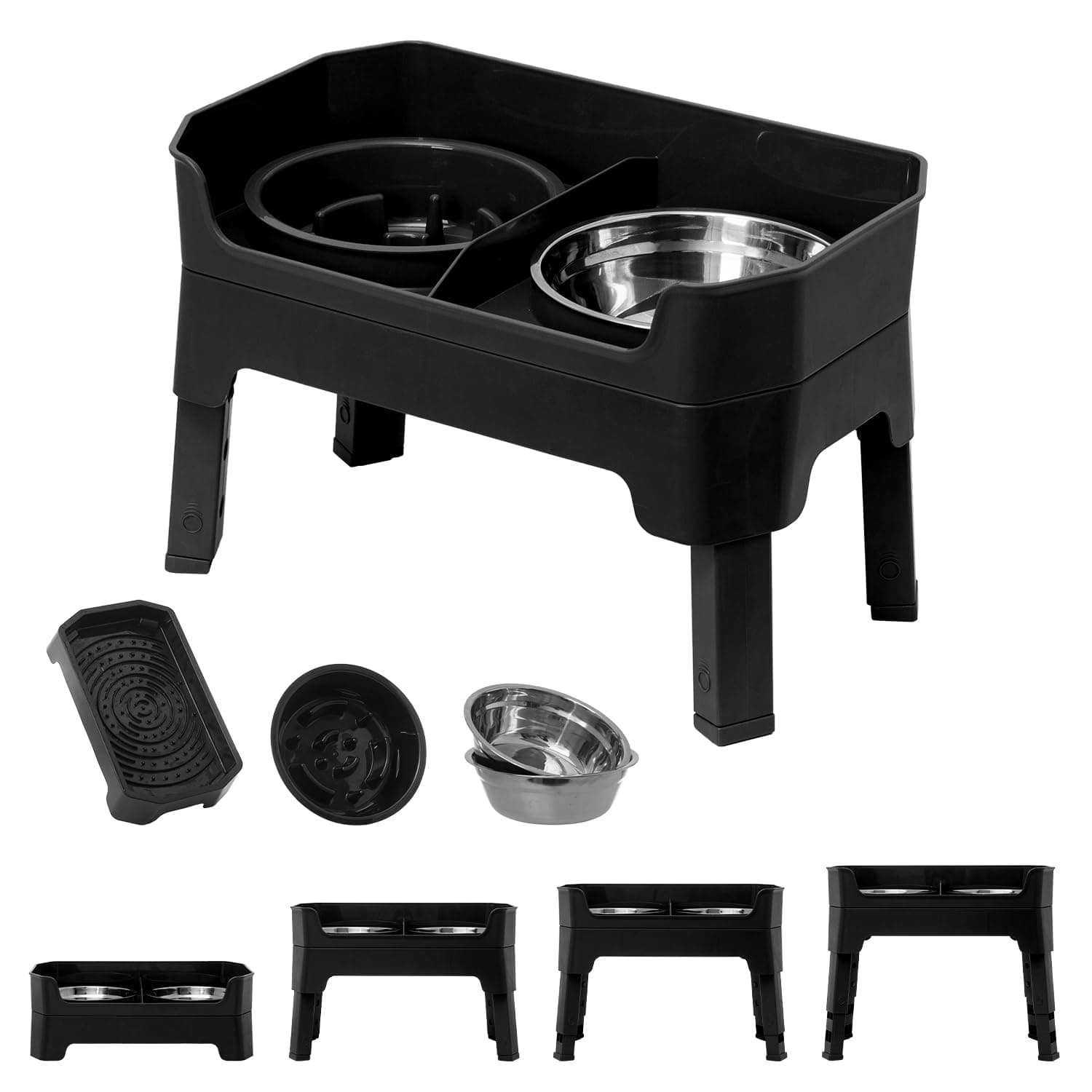 FOREYY 4-in-1 Adjustable Elevated Dog Bowls with Slow Feeder, 4 Height Non Slip Raised Dog Bowl Stand with 2 Stainless Steel Food Water Bowls & Licking Plate for Small Medium Large Pets (Black)