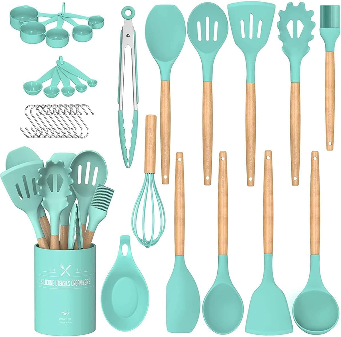Umite Chef Kitchen Cooking Utensils Set, 24 pcs Non-stick Silicone Cooking Kitchen Utensils Spatula Set with Holder, Wooden Handle Heat Resistant Silicone Kitchen Gadgets Utensil Set (Green)