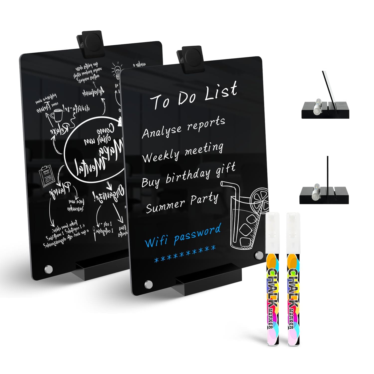 2 PCS Desktop Black Dry Erase Board with Stand - 12” x 8” Small Acrylic Black Board with Marker and Magnetic Clip, Reusable Desk Notepad, to-Do List, Menu Board Signs for Bar, Office, Home